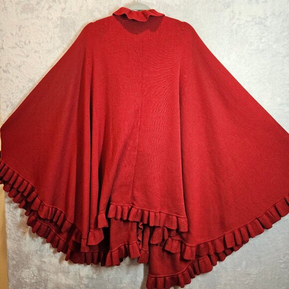 Georciou Womens Wool blend Red Ruffled Knit Cape Shawl tight knit elegant office - Picture 3 of 9
